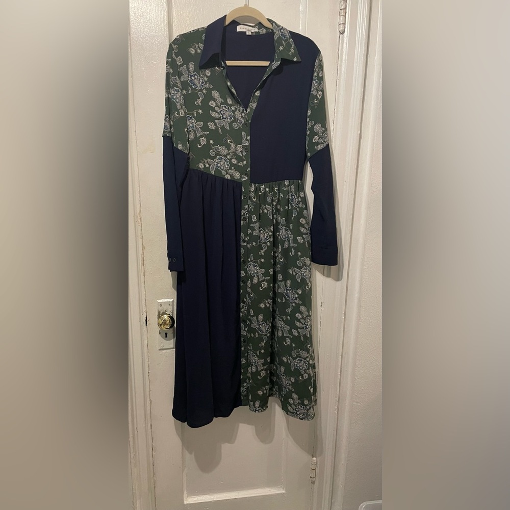 Pamela Love Navy and Green Floral Trim Dress